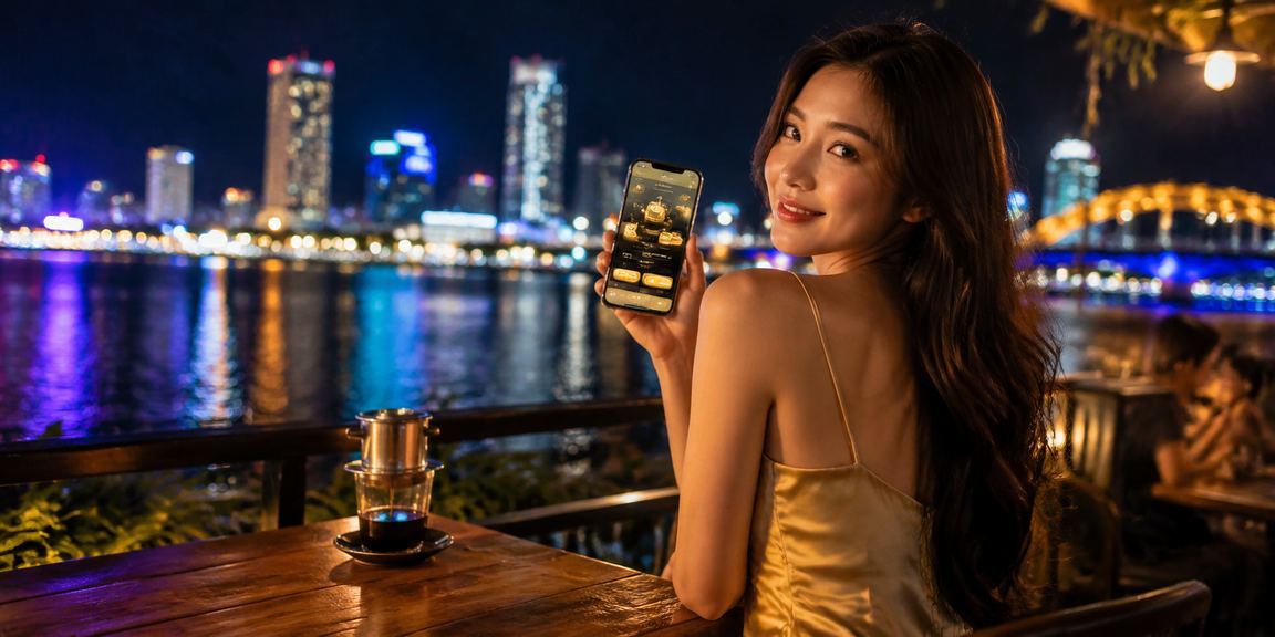 Người dùng tại Đà Nẵng kiểm tra voucher khuyến mãi trên điện thoại bên ly cà phê